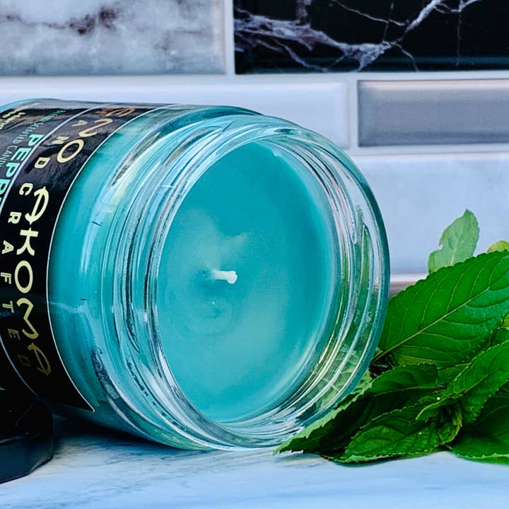 Peppermint scented soy blend candle for wholesale by Eno Akoma Handcrafted