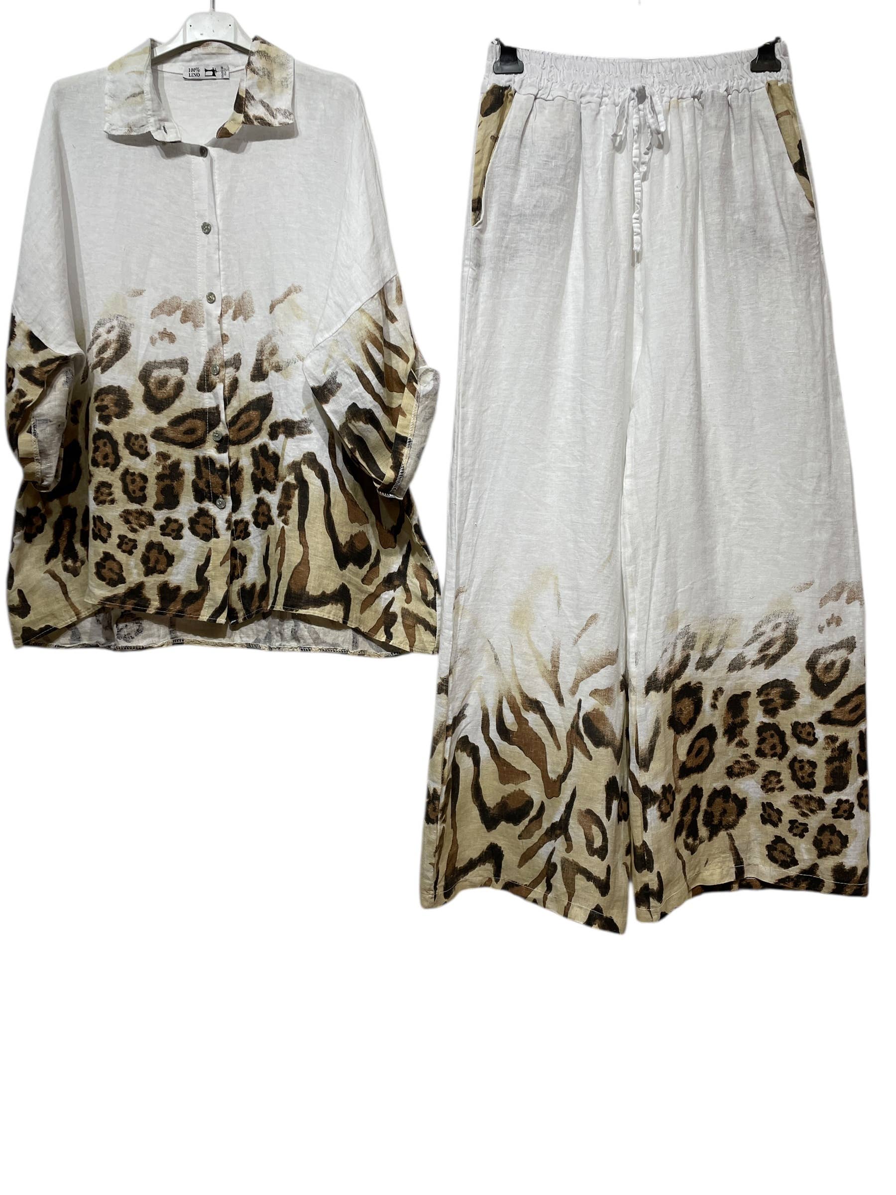LINEN & COTTON HOUSE – Engroshandel Overdelssæt – til kvinder – Leopardmønstret hørskjorte og bukser sæt 09002 4840311