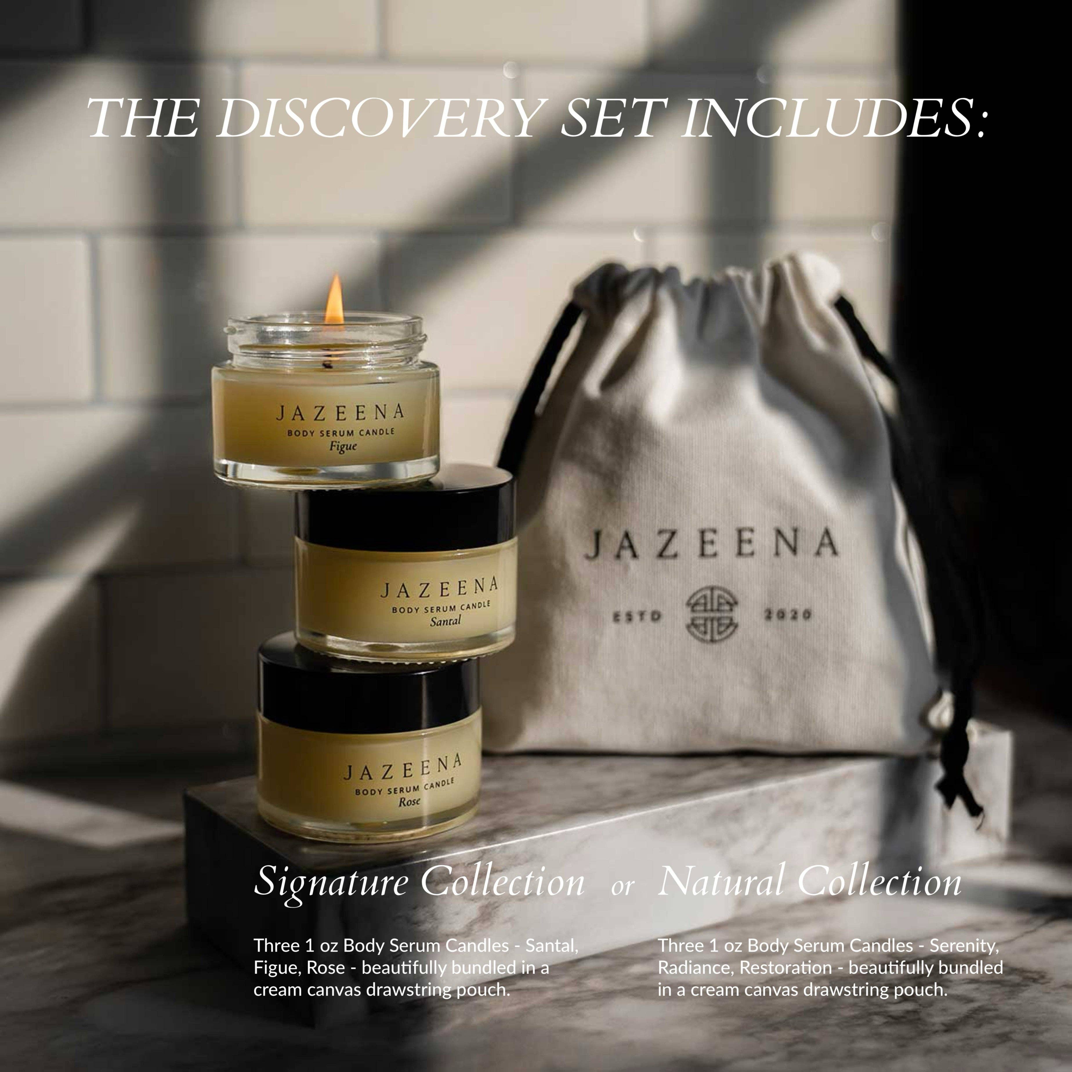 Jazeena - Wholesale Bath & Body Set - Body Serum Candle Set | Giftable, Trial-sized 3x1oz2