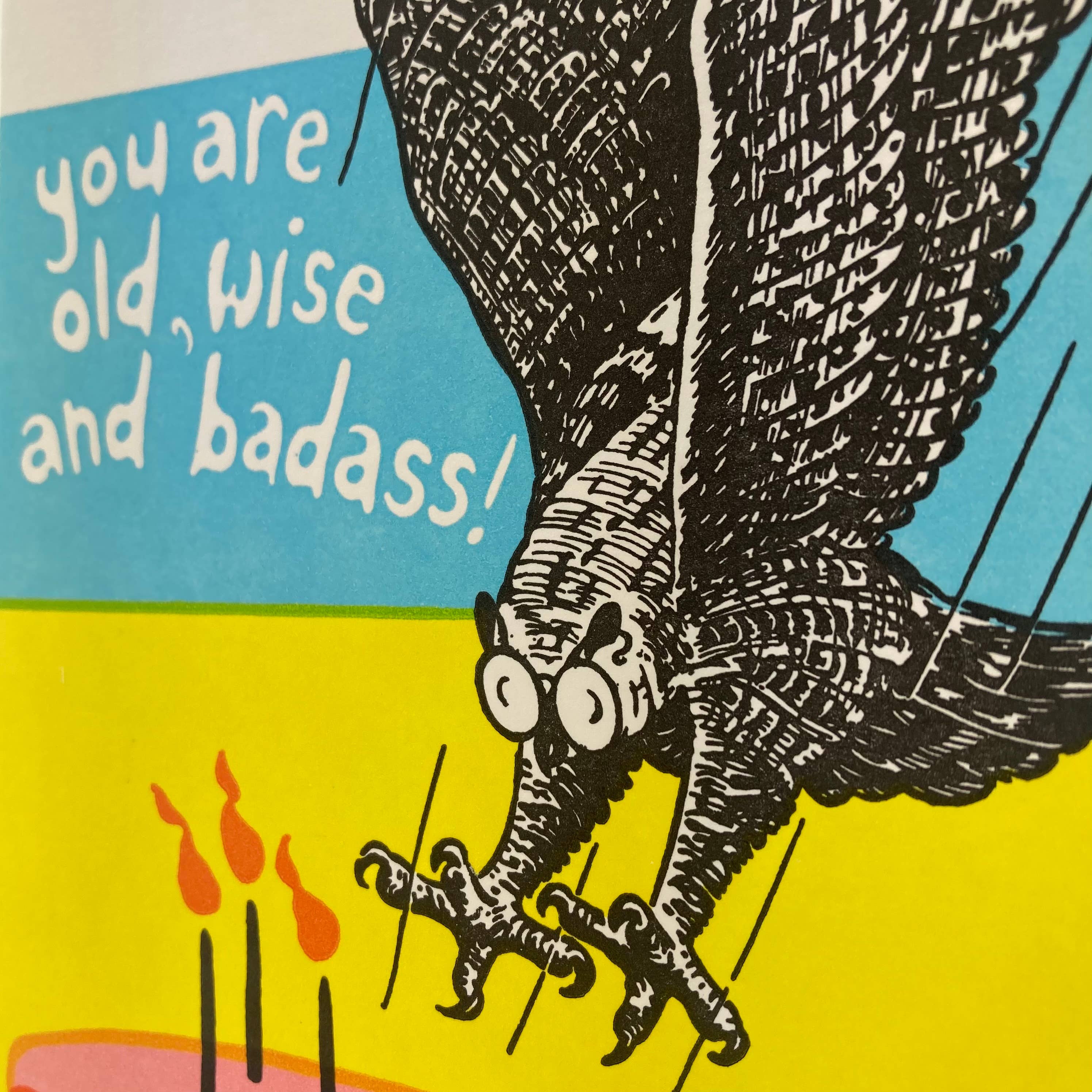 Old School Stationers - Wholesale Birthday Card - Birthday wishes. Wise old owl & birthday cake.2