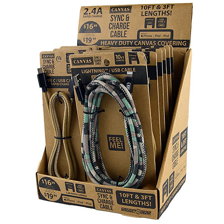 Gadget Gear 10FT & 3FT Canvas Cables Assortment - 12/Display for wholesale by Novelty Brands