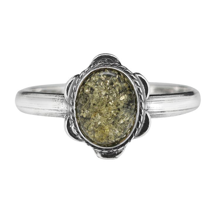 Green Amber Sterling Silver Flower Design Ring for wholesale by Amberman