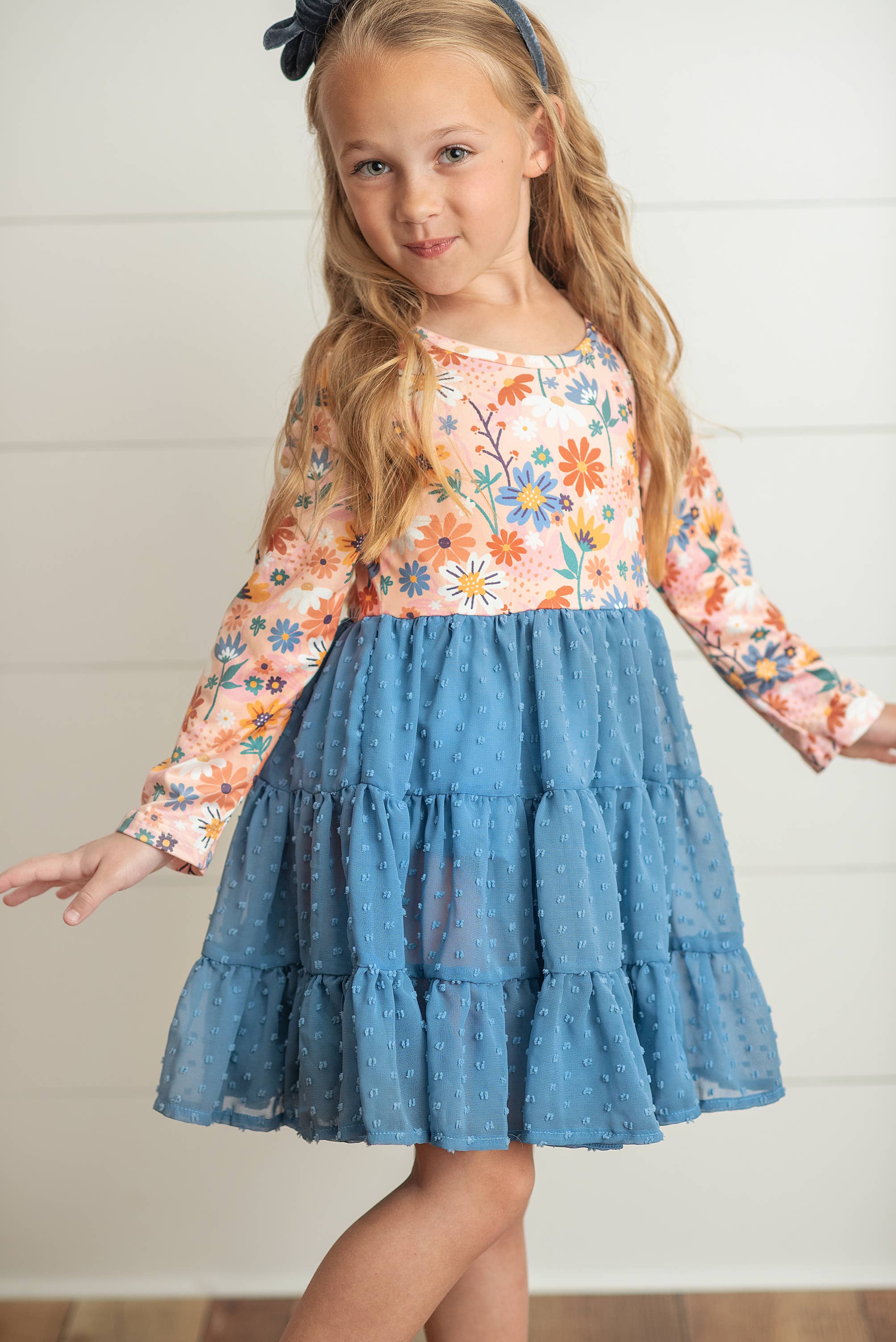 Adorable Sweetness - Wholesale Dress - Kids - Kids Dusty Blue Flower Print Swiss Dot Tulle Fall Dress 1