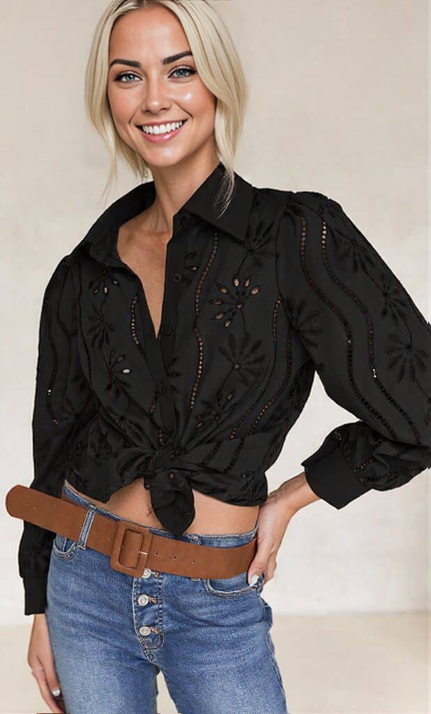 Anna Kaci Wholesale - Vente Chemise à col boutonné – femme - Blouse à manches longues boutonnée en broderie anglaise6