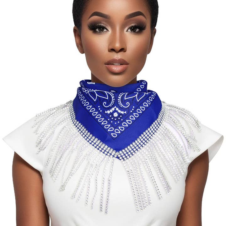 ZPB Blue and White Bandana Bling Fringe Necklace for wholesale on Faire
