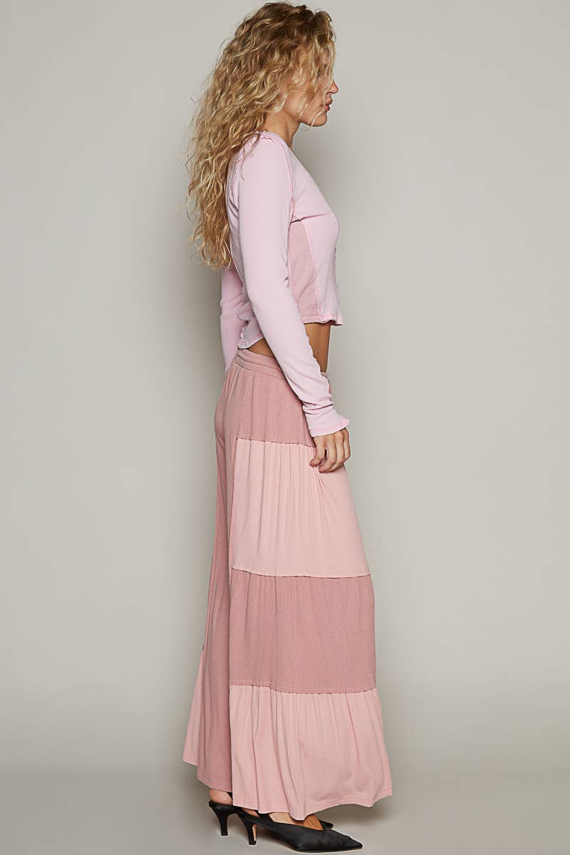 Pol Clothing - Wholesale Pants - Women's - Ribbed contrast fabric panels casual knit wide fit pants14