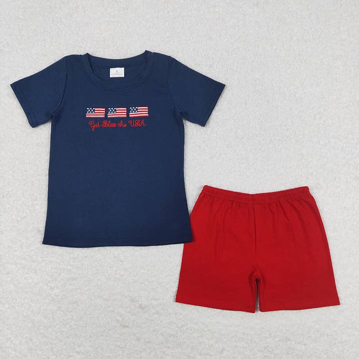 Drapeaux du 4 juillet pour bébés garçons, chemises, shorts rouges, tenues, ensembles de vêtements pour la vente par Aier Wholesale