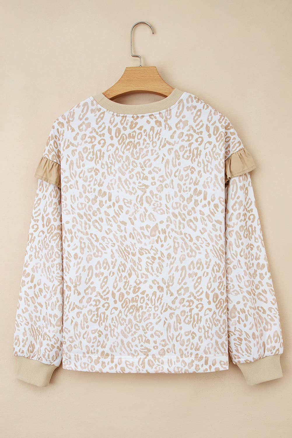 Beige Leopard Ruffle Ribbed Trim Round Neck Sweatshirt (S-4X) for wholesale on Faire4
