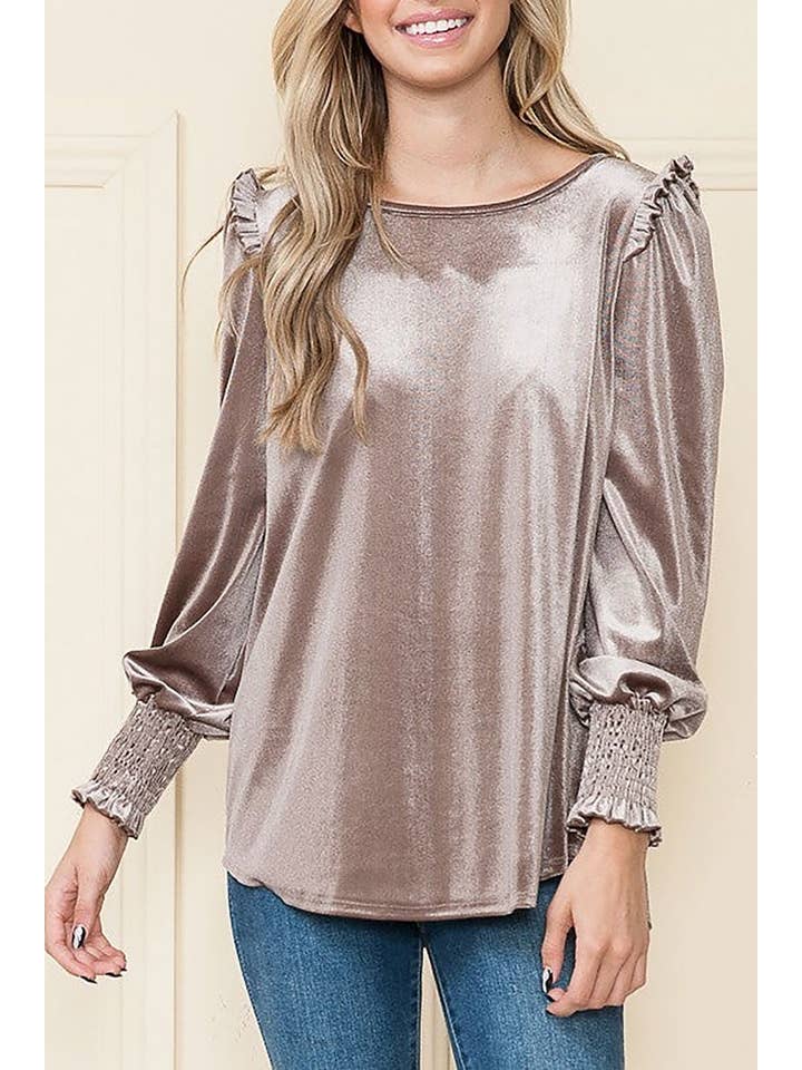 ROUSSEAU - Wholesale Blouse - Women's - VELVET RUFFLED LONG SLEEVES TOP