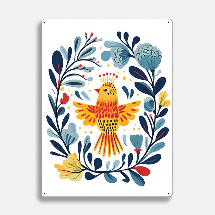 yellow bird Flowers scandinavian folk Metal Sign Plaque for wholesale by The British Metal Signs Company