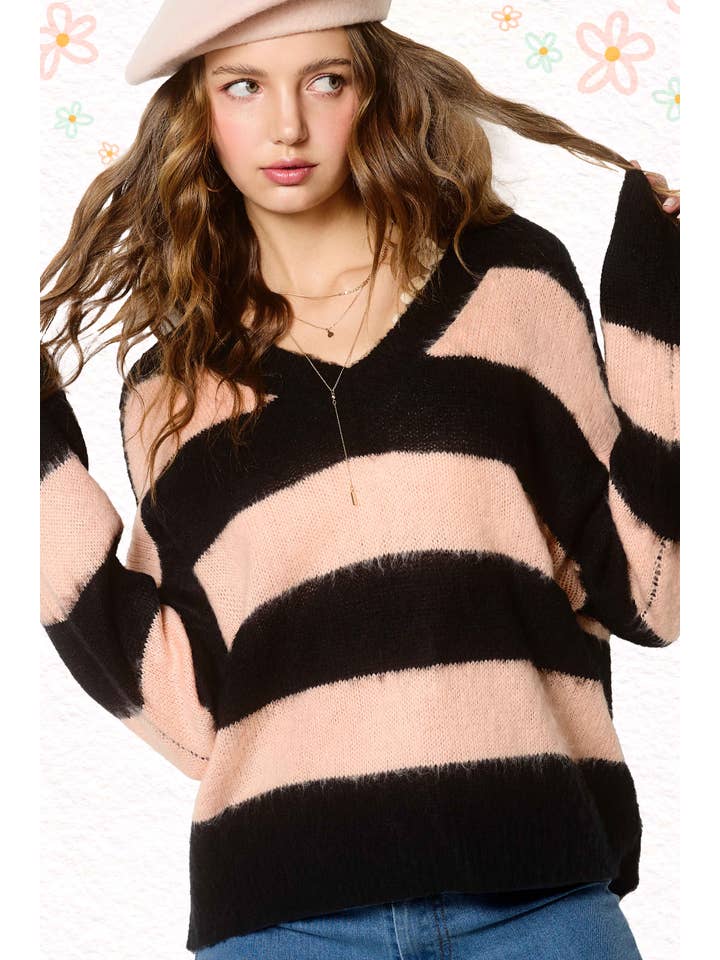 La Miel - Wholesale Knit Sweater - Women's - MCS3573-Oversized Fuzzy Soft Stripe V-neck Knit Sweater