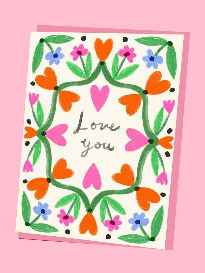 Carte de vœux avec bordure florale "Je t'aime" pour la vente par Kitty Kenda Papergoods