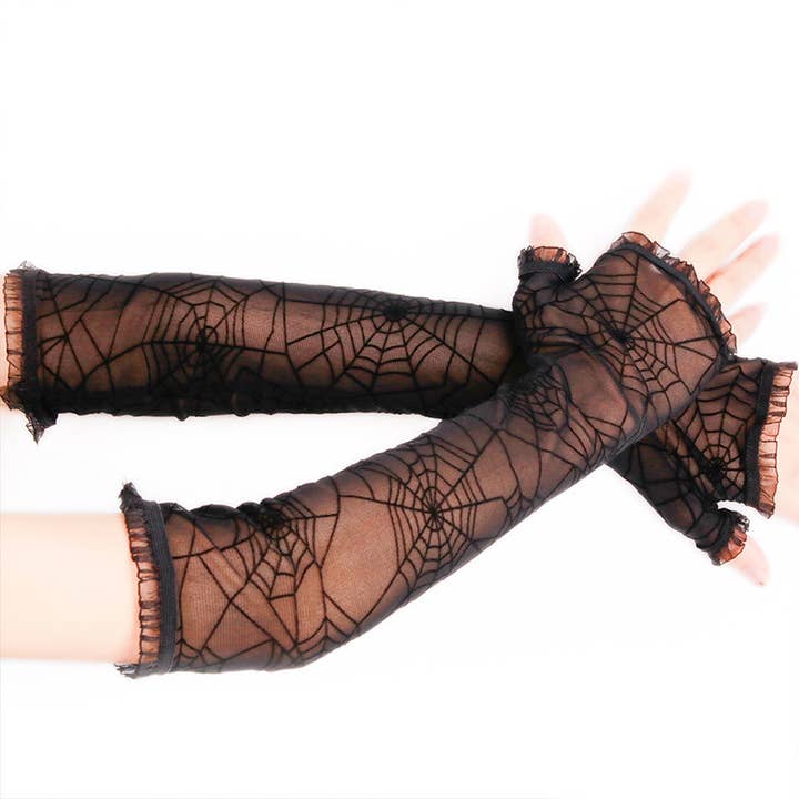 Black Halloween Gothic Women Spider Web Pattern Gloves for wholesale on Faire1