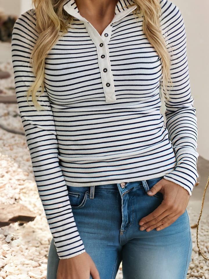 LDC Ribbed Knit Half Button Long Sleeve Slim Mock Neck Top for wholesale by Little Daisy Closet