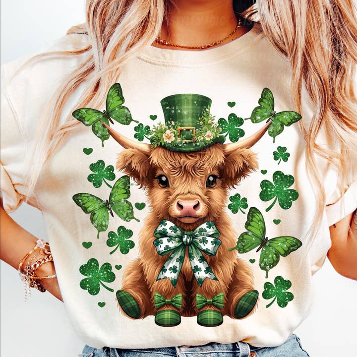 St. Patrick's Day T-Shirt, Highland-Kuh-Kleeblatt-Sweatshirt für den Großhandel von DLT Ecommerce