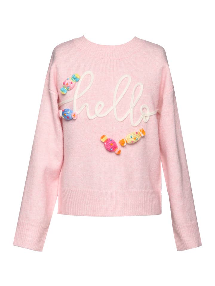PULL EN MAILLE HELLO AVEC BONBONS 3D pour la vente par Hannah Banana , Baby Sara