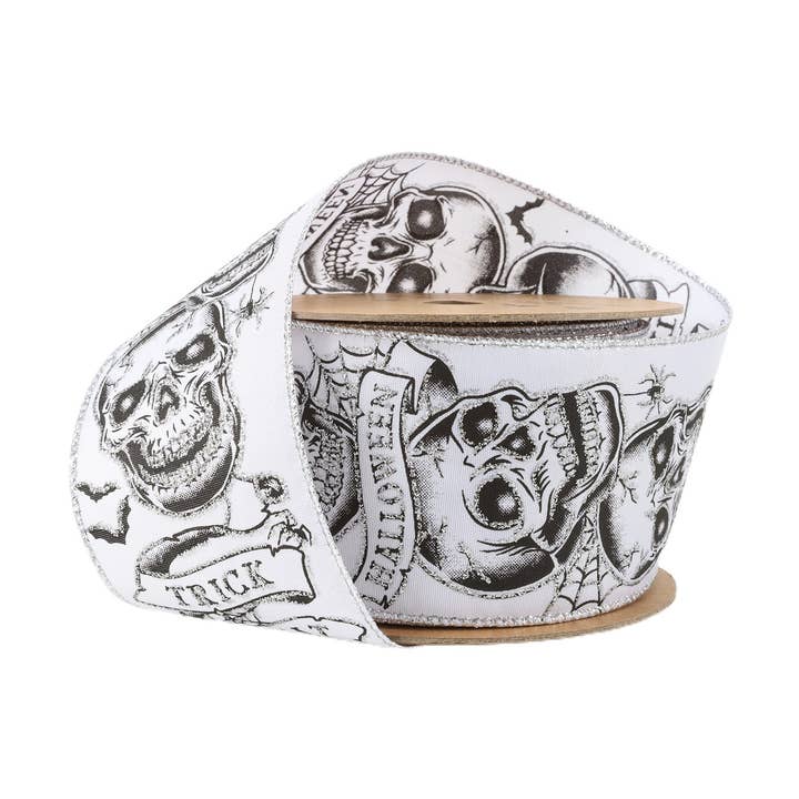 2 1/2" Wired Ribbon | Trick or Treat Skulls on White | 10 Yard Roll
for wholesale by LA Ribbons Wholesale