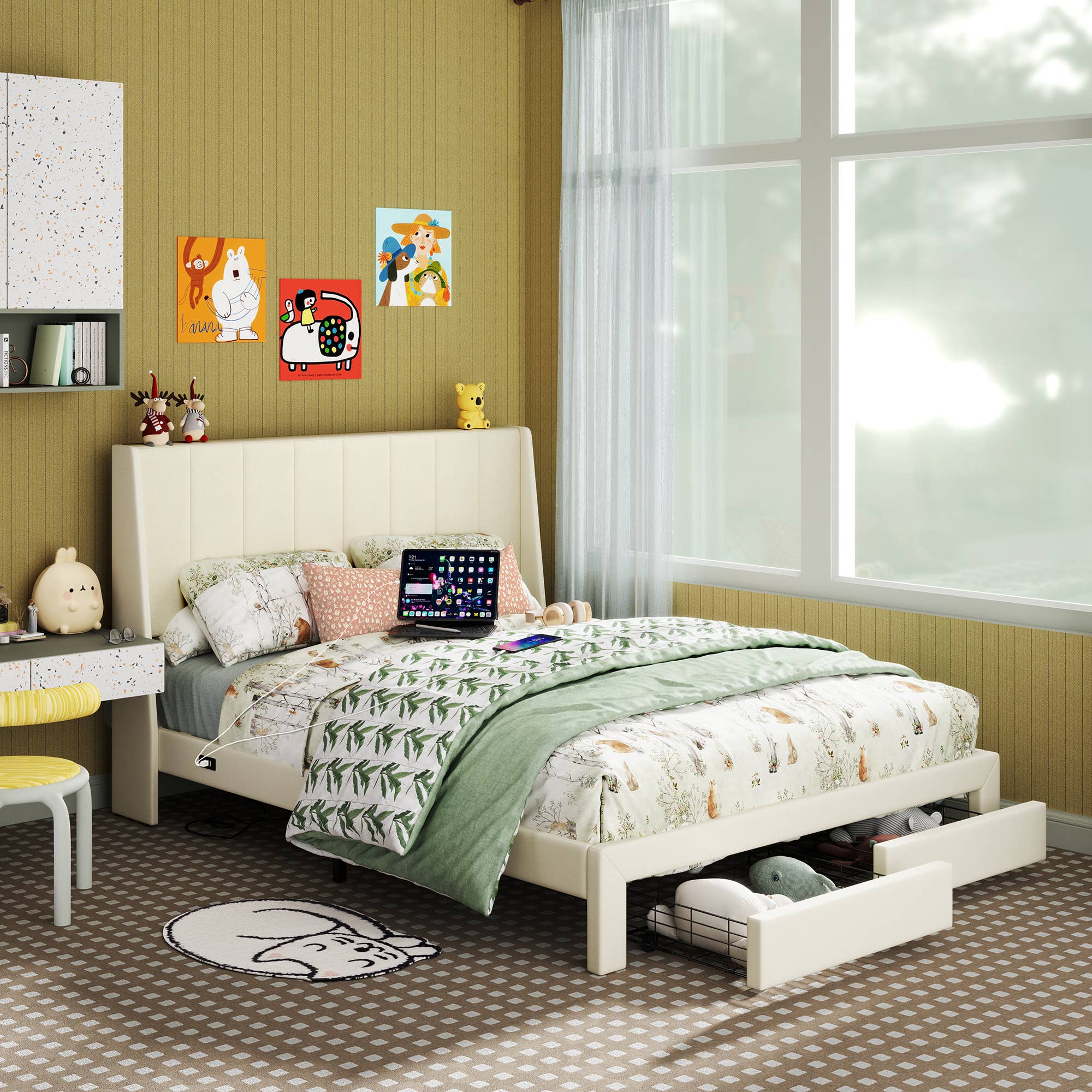 39F Inc. - Wholesale Bed - Queen Size Upholstered Platform Bed Frame w 2 Drawers &USB6