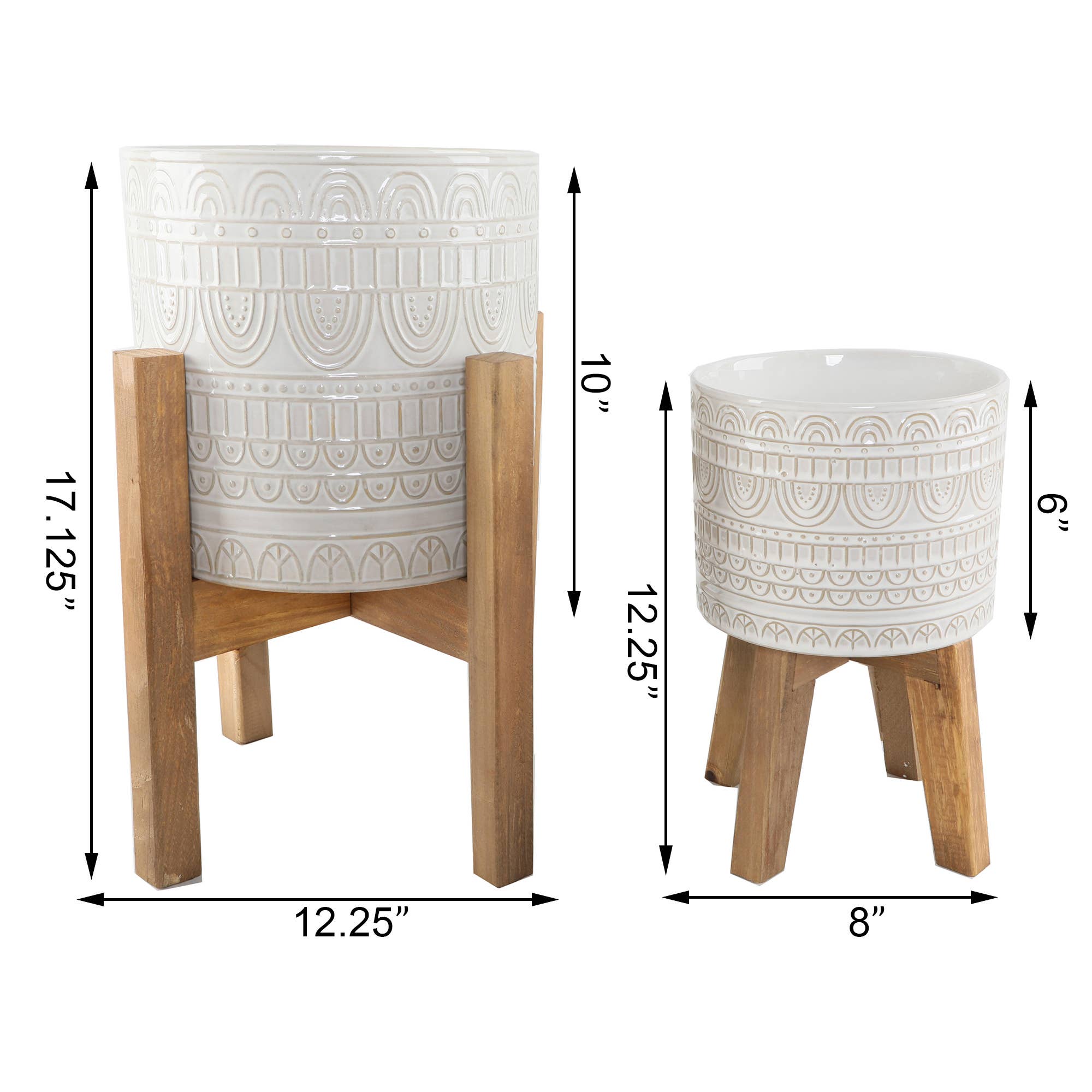 Flora Bunda Inc - Wholesale Plant Pot - Set of 2 White Embossed Planters with Wooden Stands – Décor1