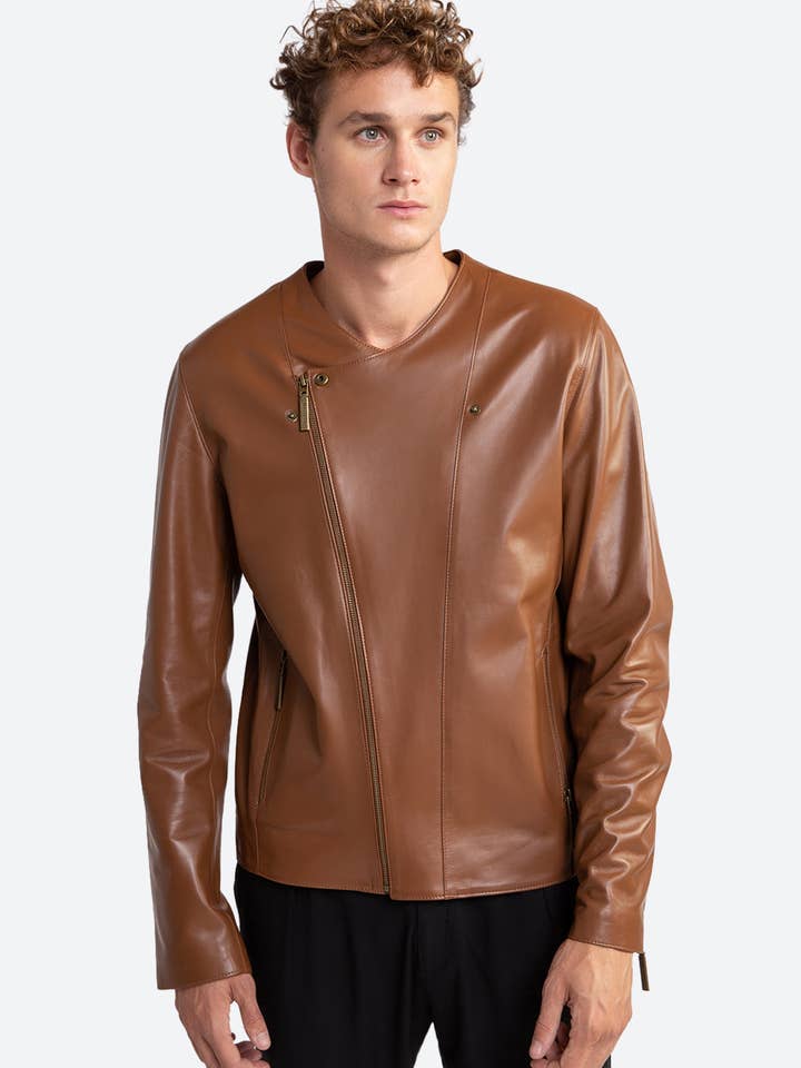Flavio Leather Biker Jacket in Brown for wholesale by Gaucho Buenos Aires