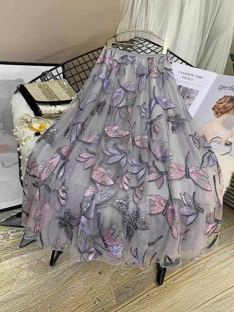 PEACH ACCESSORIES – wholesale Skirt – Women’s – Sequined Dragonfly Embroidery Mesh Tulle Skirts SK1943