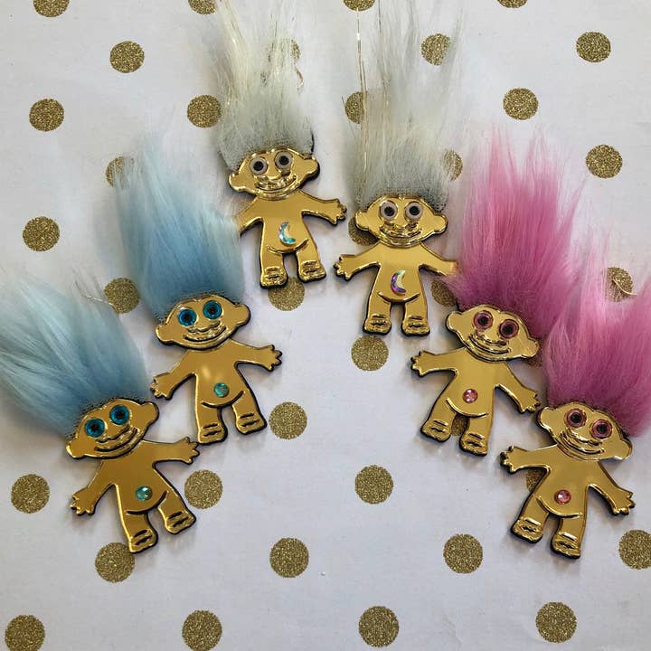 I'm Your Present - Wholesale Dangle Earrings - Furry Treasure Troll, Pink, White Or Blue, Acrylic Laser Cut Earrings, Plastic Jewelry