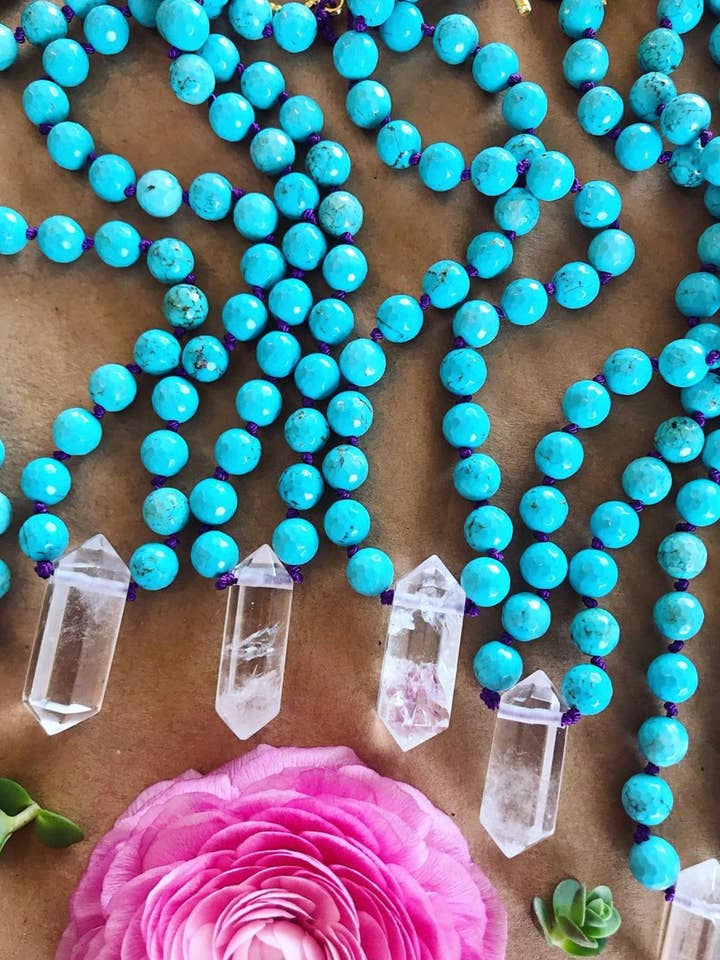 Clear quartz & turquoise hand knotted silk necklace for wholesale by Wingostarrjewelry