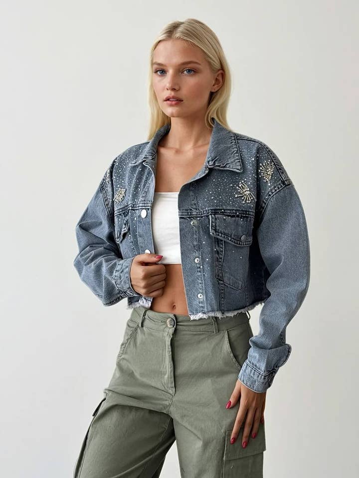 Embellished Cropped Denim Jacket for wholesale by Anaz