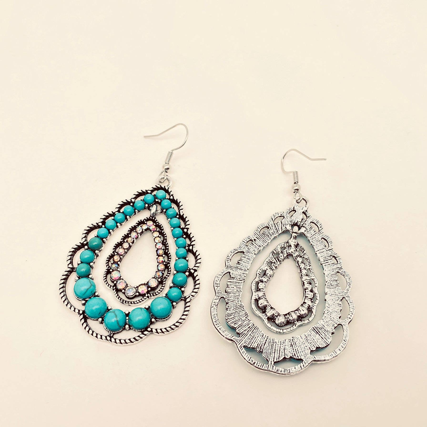 Mio Queena - Wholesale Dangle Earrings - Rhinestone Turquoise Double-layer Drop Dangle Earrings - WJ2
