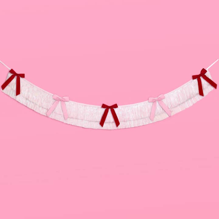 xo, Fetti - Wholesale Banner - Bow Bliss Banner - layered fringe + velvet bows, pink, 6 ft