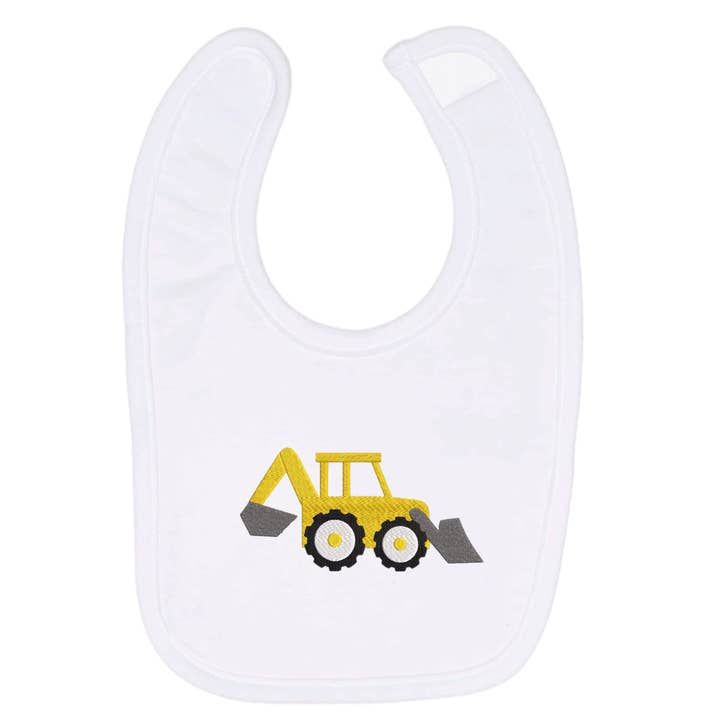 Bulldozer Baby Bib for wholesale by Blythe Embroidery Co.