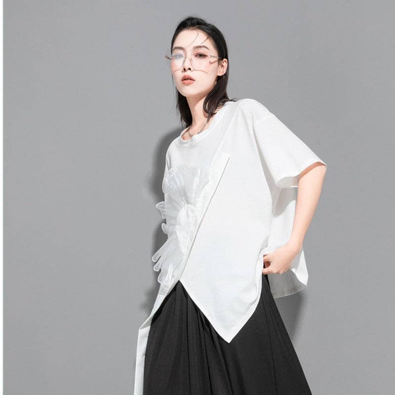 FurDecoration - Wholesale T-Shirt - Women's - Design Of Irregular Short Sleeve T-Shirt With 3D Flower Pattern4