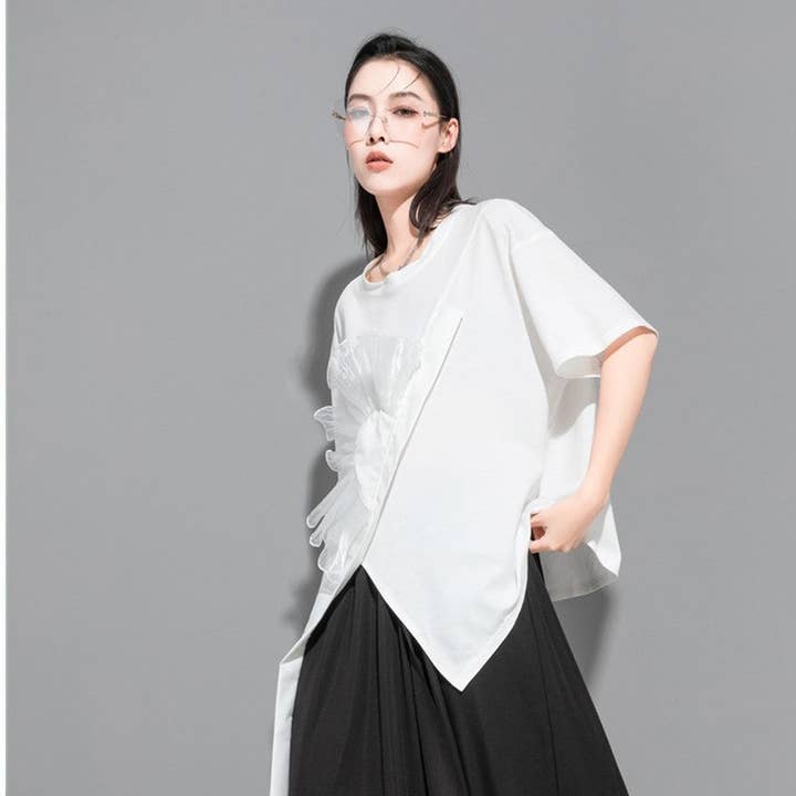 FurDecoration - Wholesale T-Shirt - Women's - Design Of Irregular Short Sleeve T-Shirt With 3D Flower Pattern4