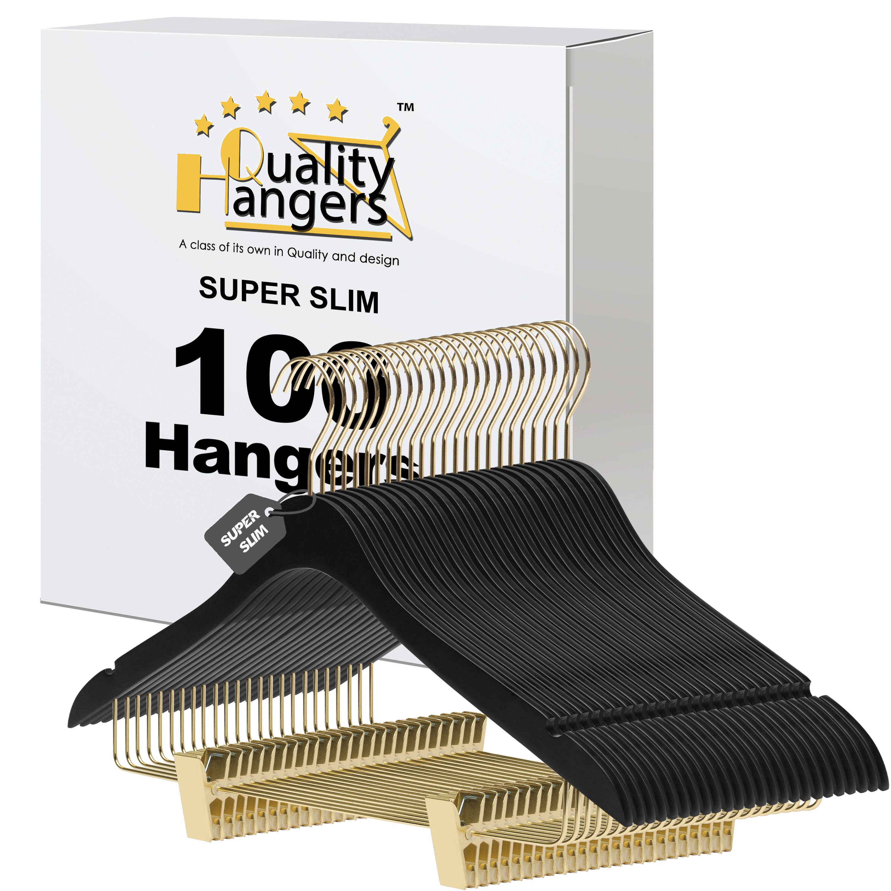 Quality Hangers – Cabides por atacado – WS73 Cabides Ultra Finos para Saias e Calças com Clipes Preto/dourado - 5 Unidades1