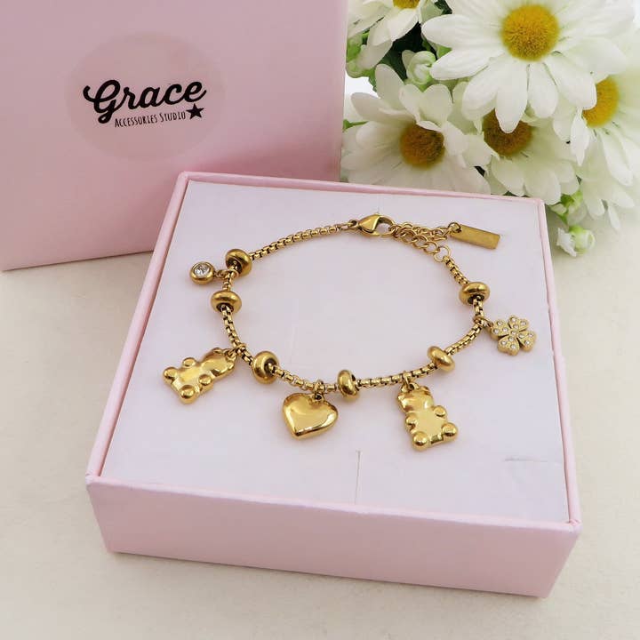 Daemon srls - Wholesale Charm/Dangle Bracelet - TEDDY CLOVER - Bracciale con orsetti, quadrifoglio e cuori pendenti bombe' ACCIAIO INOSSIDABILE1