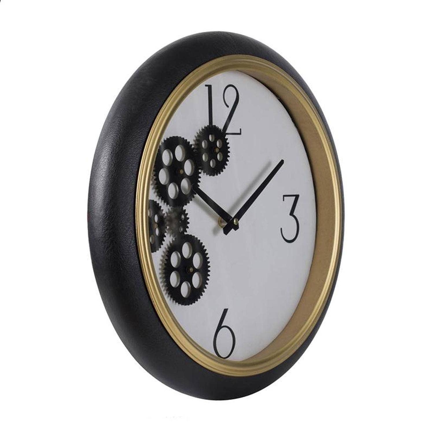 HomeRoots - Wholesale Wall Clock - 16" Black Gold And White Faux Leather And Iron Analog Exposed Gear Round Wall Clock3
