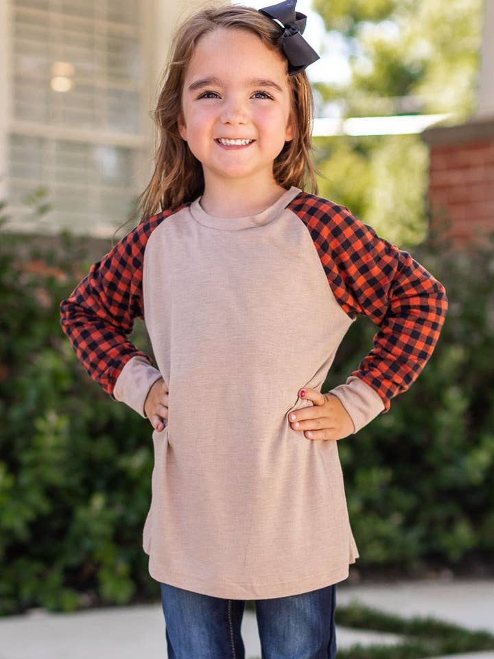 BGE Girls' Tan Longsleeve Tee with Orange Gingham Sleeves for wholesale on Faire