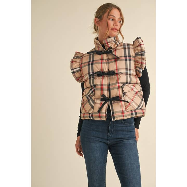 TAUPE Plaid puffer vest for wholesale on Faire