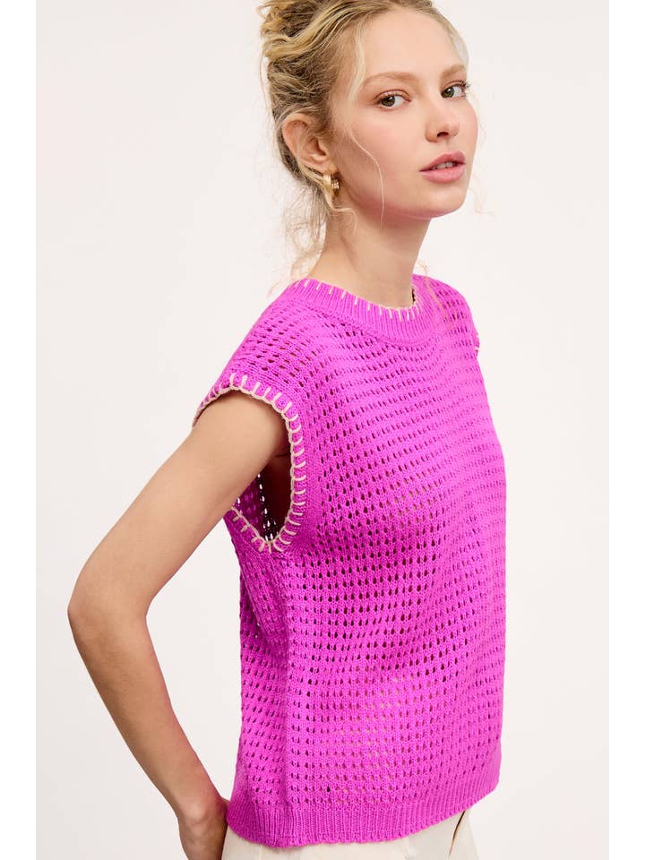La Miel - Wholesale Sweater Vest - Women's - MDS3597-Crochet Knit Stitching Detailed Sleeveless Top