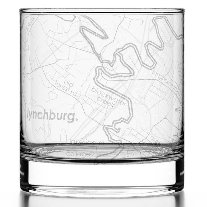 Lynchburg, VA City Map - Etched Whiskey Rocks Glass for wholesale by Well Told