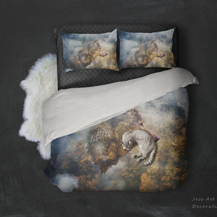 Ensemble de housse de couette forêt d'automne 3D avec loup, ensemble de literie, taies d'oreiller 108 pour la vente par Jess Art Decoration