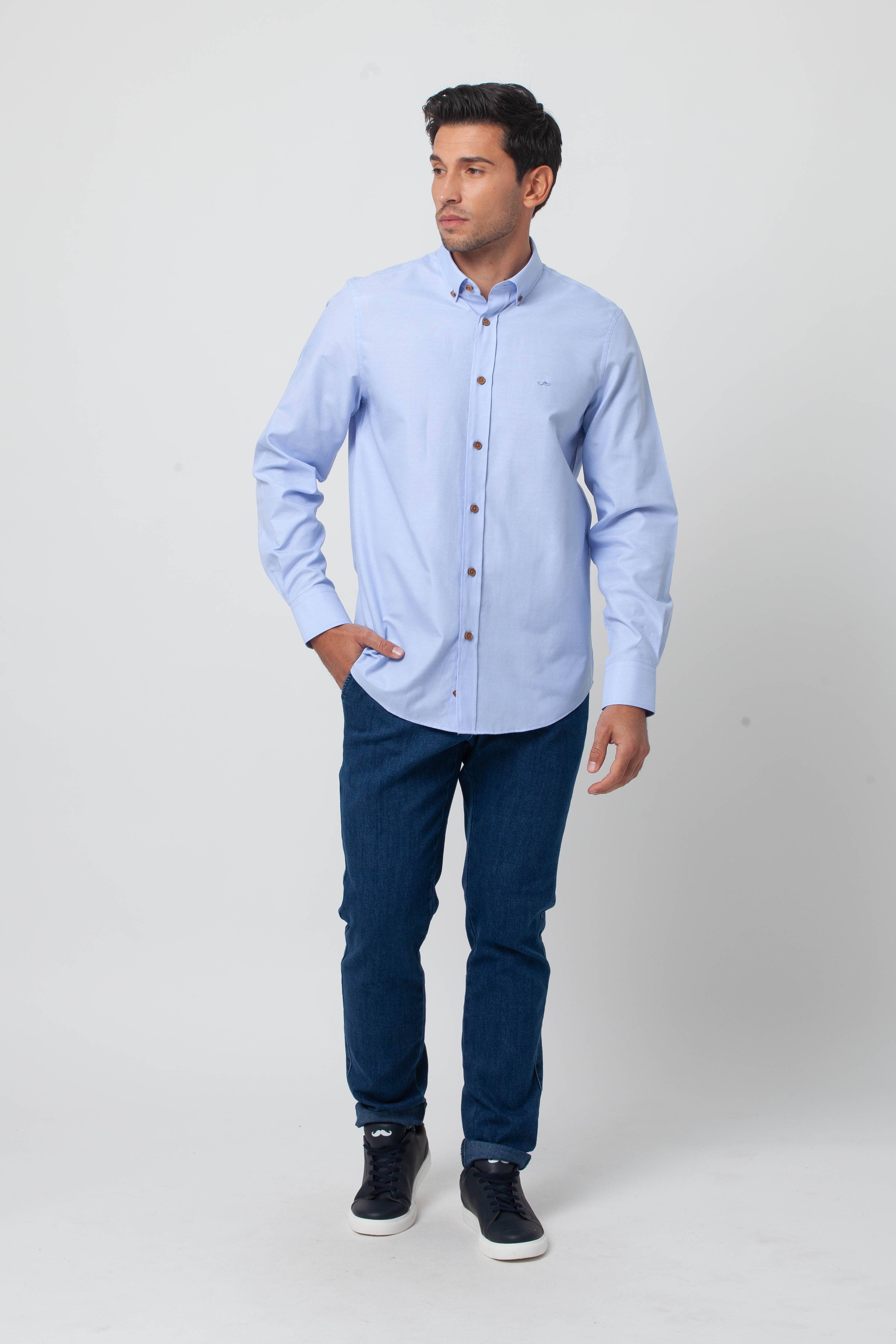 Blue Sky Blue Plain Oxford Slim Fit Cotton Shirt w/ Jungle for wholesale on Faire6