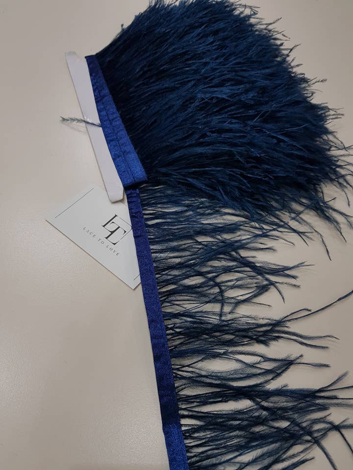 Franja de Plumas de Avestruz Azul Escuro com Fita por atacado de Lace To Love
