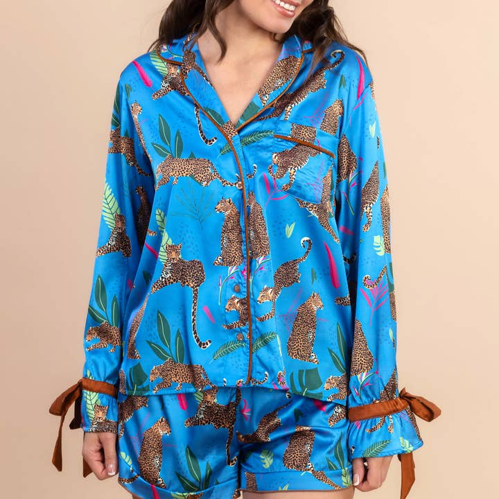 Prowling Leopard Pajama Top | Exotic Blue Silk PJs For Women for wholesale by Amanda Blu
