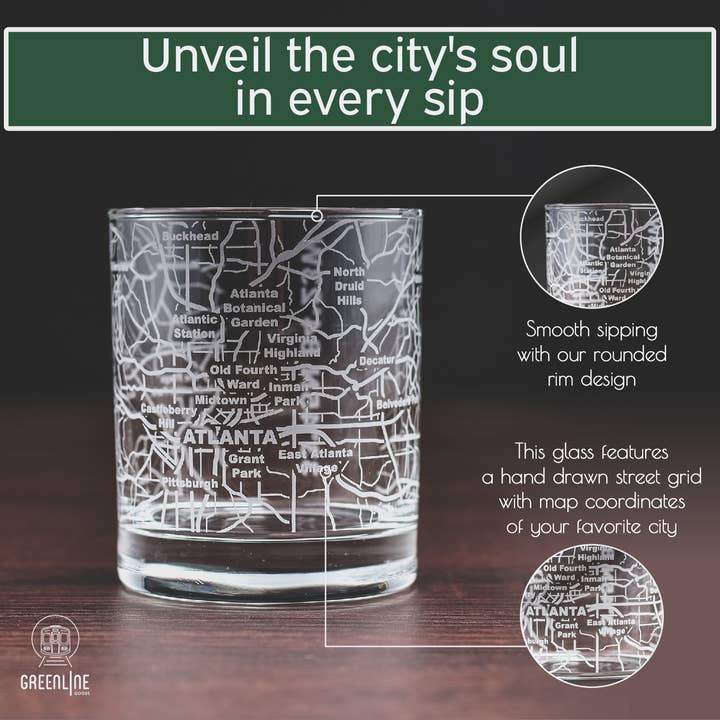 Greenline Goods - Wholesale Cocktail/Liquor Glass - Atlanta Etched Street Grid Whiskey Glasses