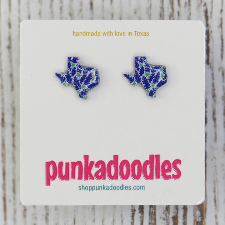 Texas Shape Bluebonnet Design Earrings for wholesale by Punkadoodles.co