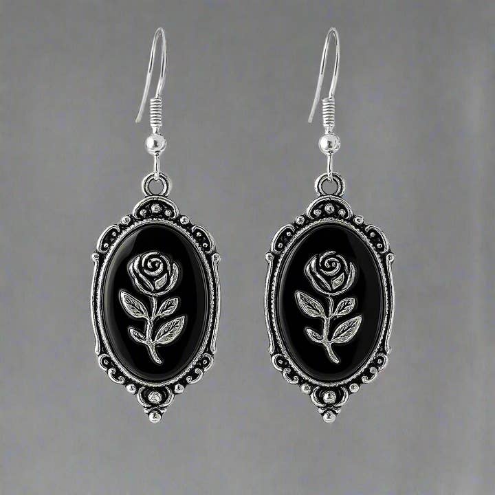 Large Silver Gothic Rose Frame Charm Earrings for wholesale by ARTEMIS