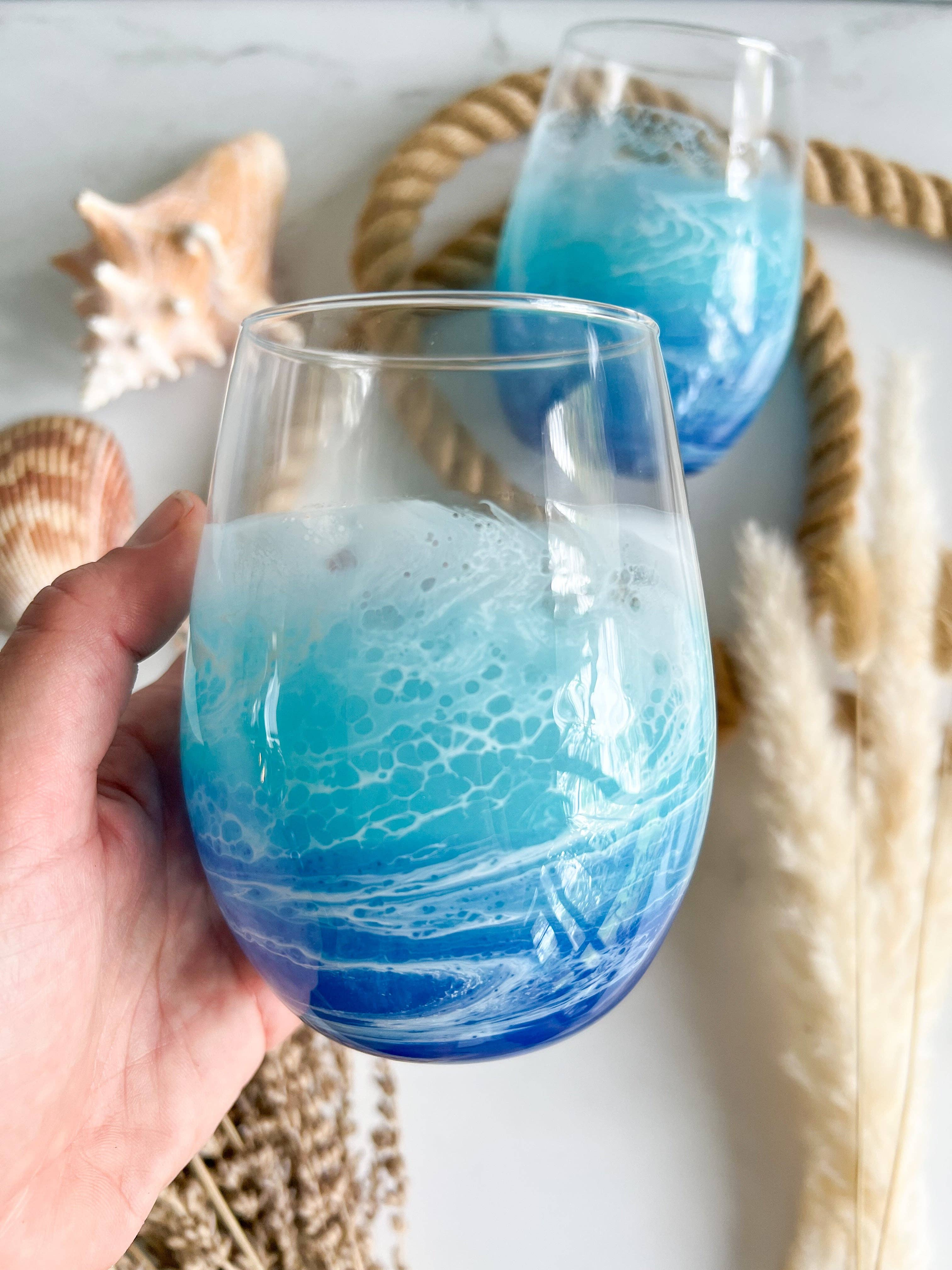 Citrus Waves Art - Wholesale Wine Glass - Stemless Ocean Wine Glasses2
