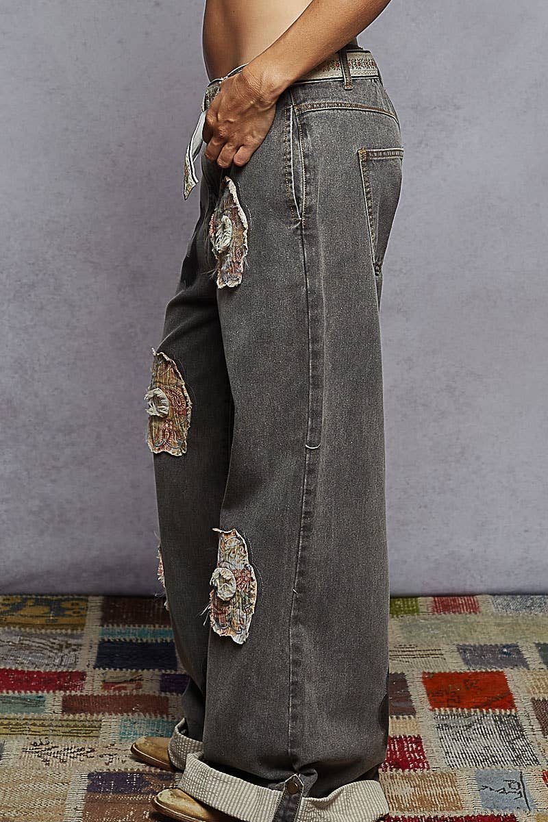 Pol Clothing - Wholesale Pants - Women's - Floral Patchwork Rolled-up Denim Straight Pants1