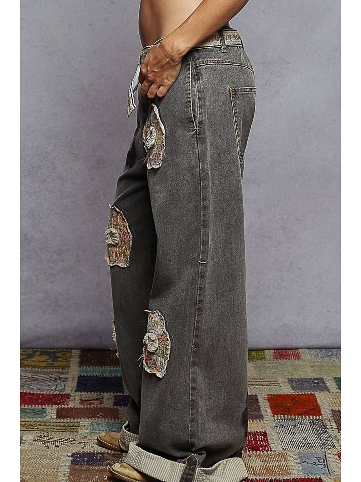 Pol Clothing - Wholesale Pants - Women's - Floral Patchwork Rolled-up Denim Straight Pants1